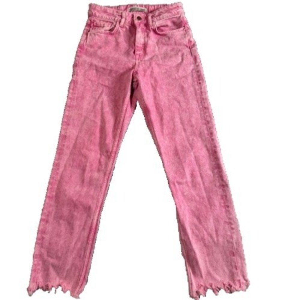 Zara Basic Z1975 Pink Acid Wash High Rise Straight Leg Raw Hem‎ Jeans Size 24/2